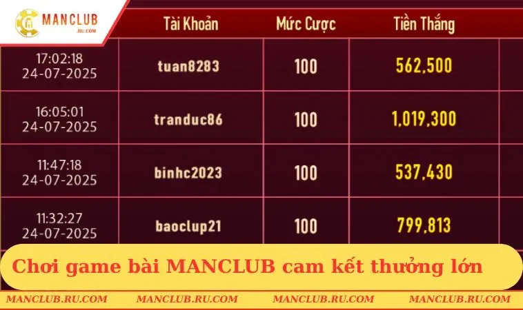 Chơi game bài MANCLUB cam kết thưởng lớn